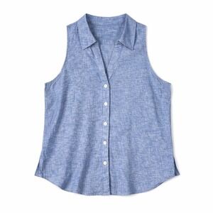 INC Womens Linen Button Up Top Blouse Size 10 Beachy Coastal Blue Resort Lagom